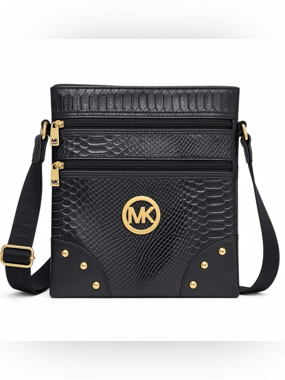 Michael Kors Black Textured Crossbody with Gold MK Logo